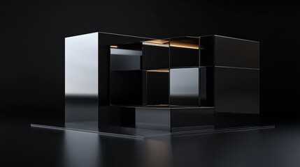 Fototapete - 3D rendering featuring a black background with deep boxes and reflective surfaces