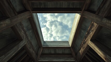 Poster - Triangular skylight in an attic of a rustic log house under construction with a backdrop of a cloudy sky