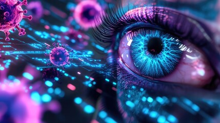 Poster - Purple abstract illustration of high speed internet technology featuring an eye scan and computer virus concept