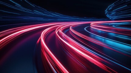 Poster - 3D rendering of flashing neon lights illuminating a dark scene with dynamic lines creating a sense of speed