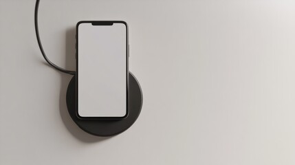 Poster - Smartphone on wireless charger with a blank screen against a white background featuring a clipping path for copy space Flat lay composition