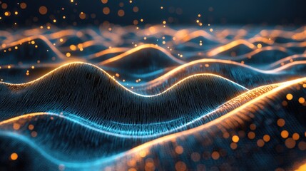 Poster - Futuristic flight through an abstract digital landscape with blue dust particles showcasing a 3D rendering