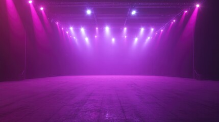 Poster - Abstract ultraviolet light display featuring diode tape and a gradient of violet and pink Modern neon lights create an empty stage with spotlights enhancing the visual ambiance