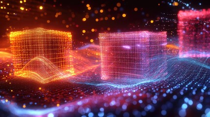 Aufkleber - Dynamic polygonal chains featuring shifting cubes Illuminated lines flow through a moving network of three cubes in a wave like motion within a spatial environment