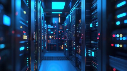 Poster - 3D illustration of a server room filled with telecommunication equipment representing concepts of big data storage and cloud hosting technology