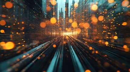 Poster - Abstract background featuring blurred bokeh lights from urban office spaces combined with motion elements of train tracks in a double exposure effect