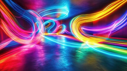 Poster - Long exposure image capturing vibrant neon light painting with swirling and looping colors