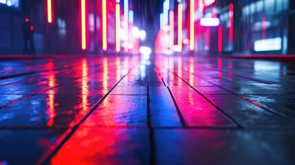Poster - Dimly lit street with neon reflections on wet pavement illuminated by beams of light and red lasers An abstract dark blue backdrop enhances the night scene