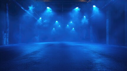 Poster - An empty dark street scene with a deep blue background featuring neon lights and spotlights The asphalt floor and studio space exhibit a smoky ambiance creating a nighttime illustration