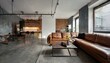 © Rahmat  - Industrial Living Room with Leather Sofa, Concrete Floors, and Metal Coffee Table