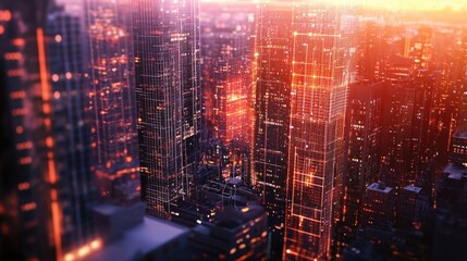 Aufkleber - Contemporary urban landscape featuring skyscrapers and digital connectivity concept displayed on a screen
