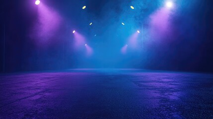 Poster - An empty dark street scene with a deep blue background featuring neon lights and spotlights The asphalt floor and studio space exhibit a smoky ambiance creating a nighttime illustration