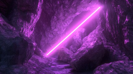 Fototapete - 3D rendered abstract background featuring a neon light beam creating a tunnel like corridor with rock formations evoking a sense of motion through outer space