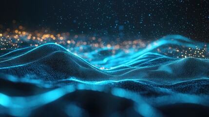 Poster - Futuristic flight through an abstract digital landscape with blue dust particles showcasing a 3D rendering
