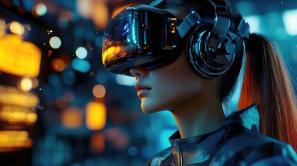 Poster - 3D rendering of a futuristic female character with a virtual reality headset immersed in a digital world featuring dark neon glowing elements