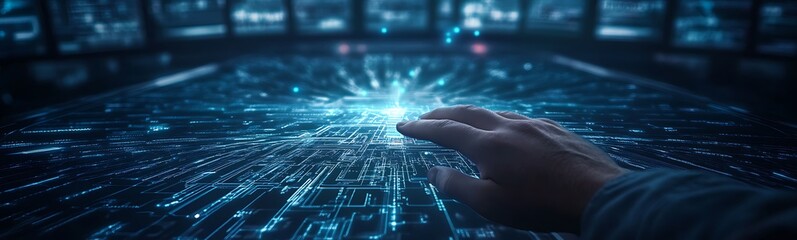 Aufkleber - A futuristic hand touches a glowing digital interface, symbolizing technology and data interaction in a high-tech environment.