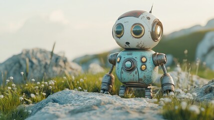 Poster - Playful 3D animated depiction of a robot in a whimsical style
