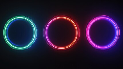 Poster - Collection of illuminated light frames in blue red purple and green hues Abstract cosmic vibrant color circle borders in a top view futuristic style Set of glowing neon lights on a black backgroun
