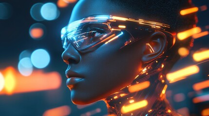 Aufkleber - Cyborg with advanced eyewear positioned next to a glowing light trail