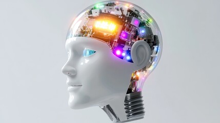 Aufkleber - Isolated white robot head with a light bulb above illuminated by RGB lights showcasing a gaming and technology theme in an isometric view against a white background