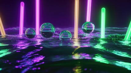 Aufkleber - 3d rendering of abstract water bubbles illuminated by neon light sticks in vibrant green and purple 