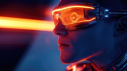 Aufkleber - Cyborg with advanced eyewear positioned next to a glowing light trail