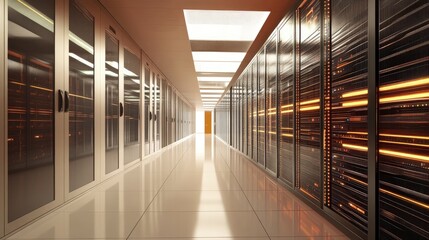 Poster - Image of a corridor in a data center featuring rows of rack servers and supercomputers alongside a visualisation projection of high speed internet data