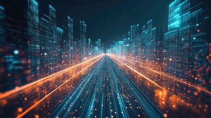 Aufkleber - 3D rendering of an abstract highway surrounded by digital towers Represents concepts of big data machine learning artificial intelligence and high speed networks