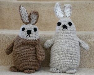two amigurumi rabbits standing on stairs