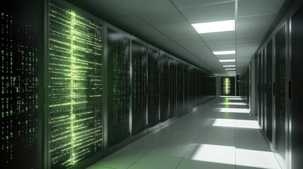 Poster - Image of a corridor in a data center featuring rows of rack servers and supercomputers alongside a visualisation projection of high speed internet data