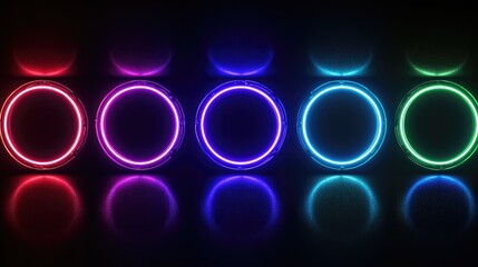 Poster - Collection of illuminated light frames in blue red purple and green hues Abstract cosmic vibrant color circle borders in a top view futuristic style Set of glowing neon lights on a black backgroun