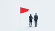 © pattozher - Red Flag: A symbolic image of ambition and determination, two business professionals stand back-to-back, gazing towards a red flag, signifying their unwavering commitment to achieving their goals.