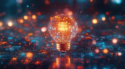 Aufkleber - Digital network data represented by a creative light bulb symbolizing technological advancement energy power and ecological scientific innovation
