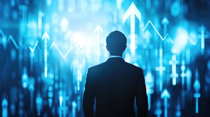 Poster - Businessman indicating an upward arrow graph and financial connections analyzing data to boost sales and profits for achieving investment goals in a global economy