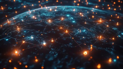 Poster - Global communication technology featuring interconnected networks International telecommunication and data transfer links for IoT finance business blockchain and security applications