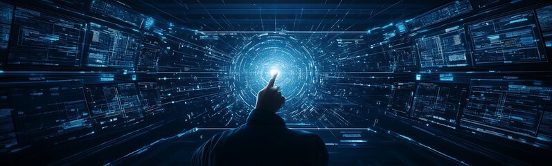 Aufkleber - A person is silhouetted against a luminous, pixelated landscape filled with bright blue lights and digital patterns, creating a futuristic, immersive atmosphere.