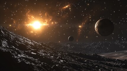 Poster - View of extrasolar planets nebula and stars in deep space in 3D cartoon rendering