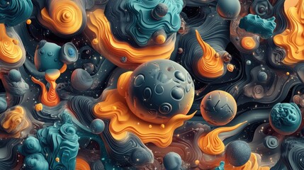 Aufkleber - Abstract geometric seamless background featuring 3D cartoon rendering of elements from cosmos flames physical phenomena and concepts in nature and medicine