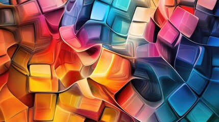 Poster - Extruded abstract fractal background with a futuristic wavy design Modern art painting featuring trendy desktop wallpaper elements showcasing colorful 3D rendered cubes and squares