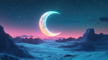 Poster - Beautiful View of Crescent Moon in 3D Cartoon Style Rendering