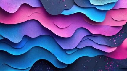 Poster - Vivid ink textured blue pink and purple colors in a 3D cartoon rendering of an abstract cosmic design This bright vintage inspired watercolor illustration features smeared elements on a black pape