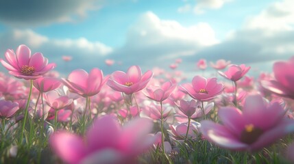 Poster - Cosmos flower field with mockup and copy space in 3D cartoon rendering