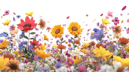 Poster - 3D cartoon rendering featuring a vibrant display of blooming flowers including sunflowers cosmos forget me nots marigolds along with dried petals and leaves set against a white background