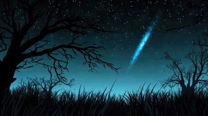 Aufkleber - Night landscape view featuring creepy trees and a blue meteorite in a starry sky over a silhouette of a grass field rendered in 3D cartoon style