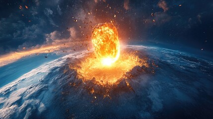 Poster - Meteorite impact explosion on Earth in 3D cartoon rendering Digital art