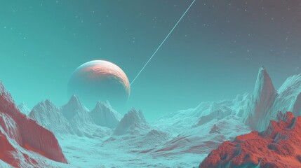 Aufkleber - Alien planet landscape in a 3D cartoon rendering featuring a science fiction illustration and a stunning view from a beautiful planet against a captivating space background