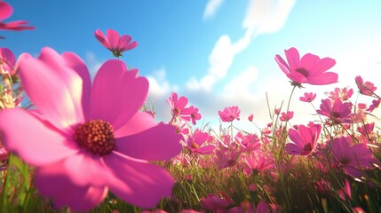 Aufkleber - Beautiful pink cosmos swaying in the wind rendered in 3D cartoon style