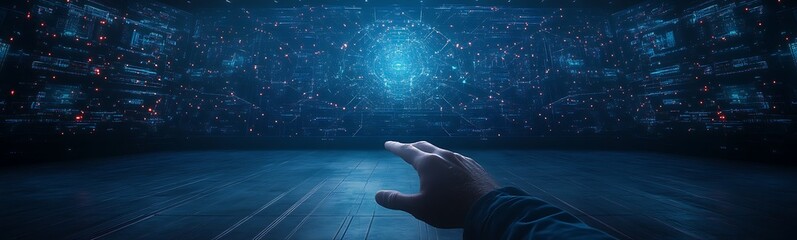Aufkleber - A futuristic scene showcasing a hand reaching out towards a glowing digital universe filled with stars and networks.
