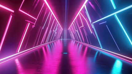 Aufkleber - Neon lights grid net cyber retro tunnel graphics illustration background in a 3D cartoon rendering showcasing a new quality futuristic vintage style cool and visually appealing stock image