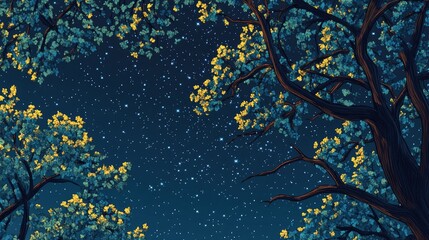 Aufkleber - Night sky background featuring stars above oak tree branches in early spring rendered in 3D cartoon style